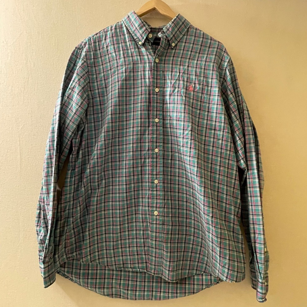 Ralph Lauren Mens Large Plaid Button Down Shirt Green‎ Pink Cotton RN41381
